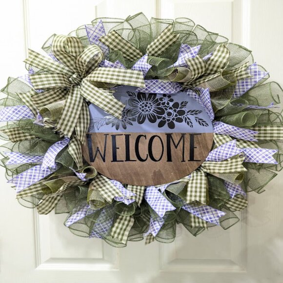 Welcome Wreath, Home Decor, Gift, Purple, Spring Decor, Door Hanger, Wreath - Picture 7 of 8